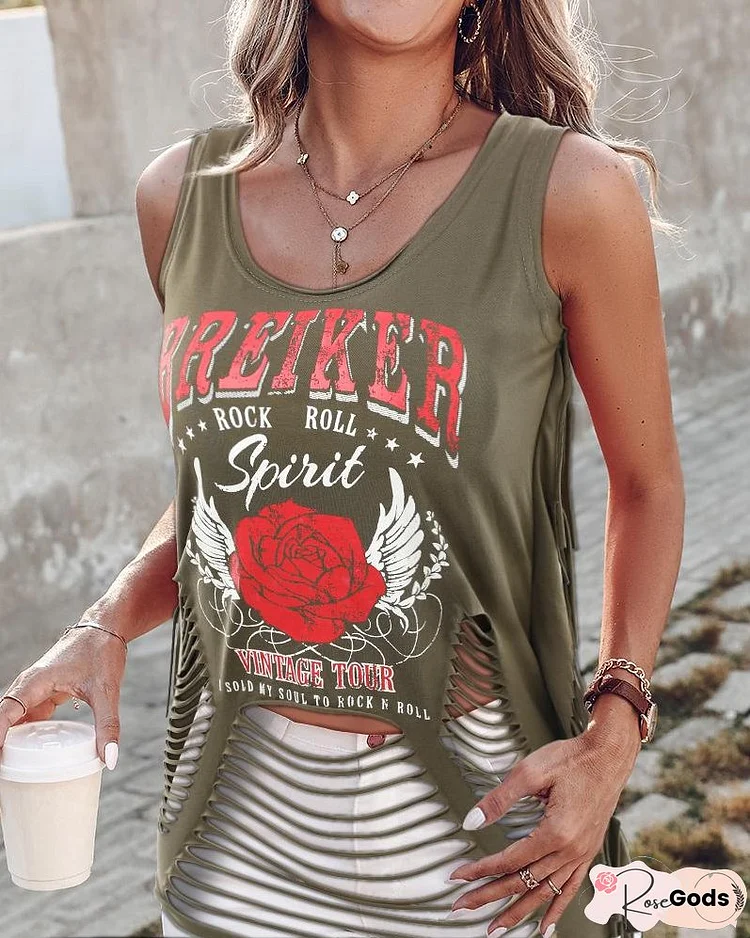 Floral Letter Print Ladder Cutout Tank Top