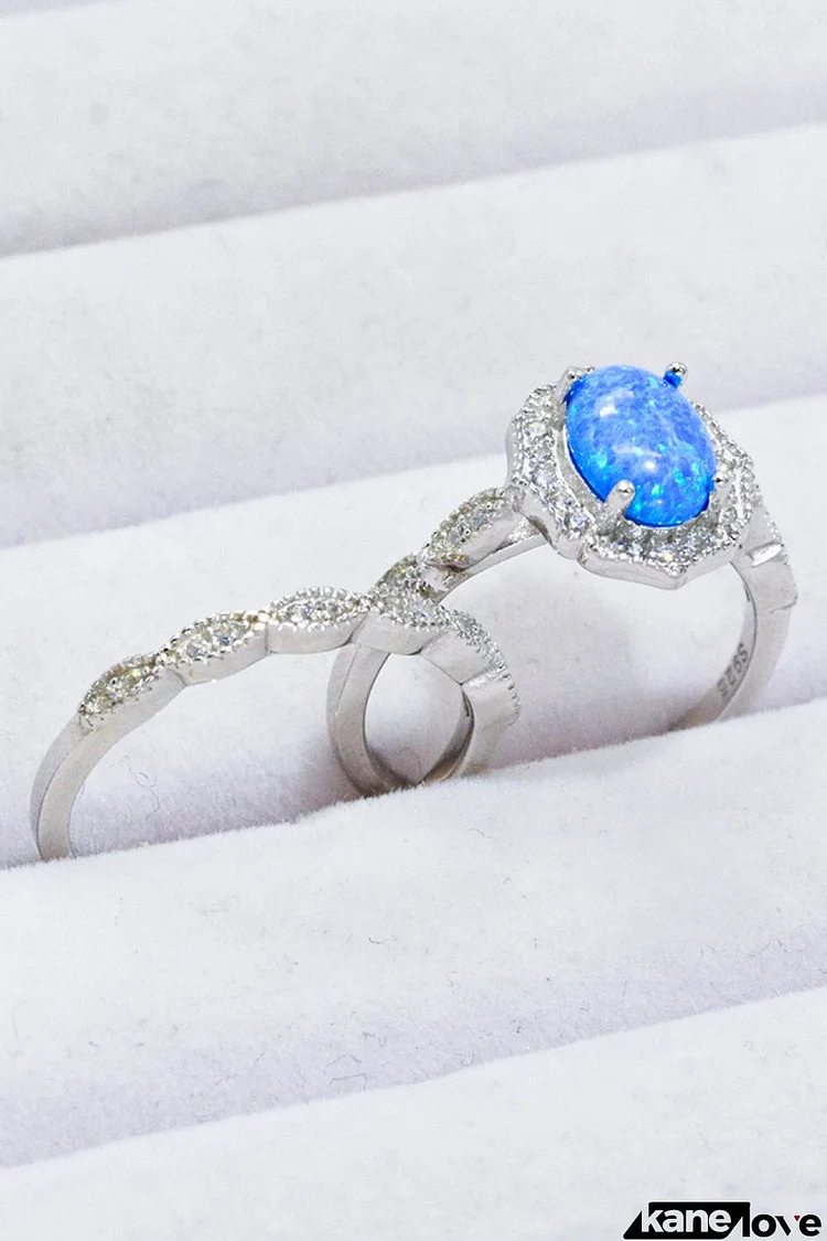 2-Piece 925 Sterling Silver Opal Ring Set