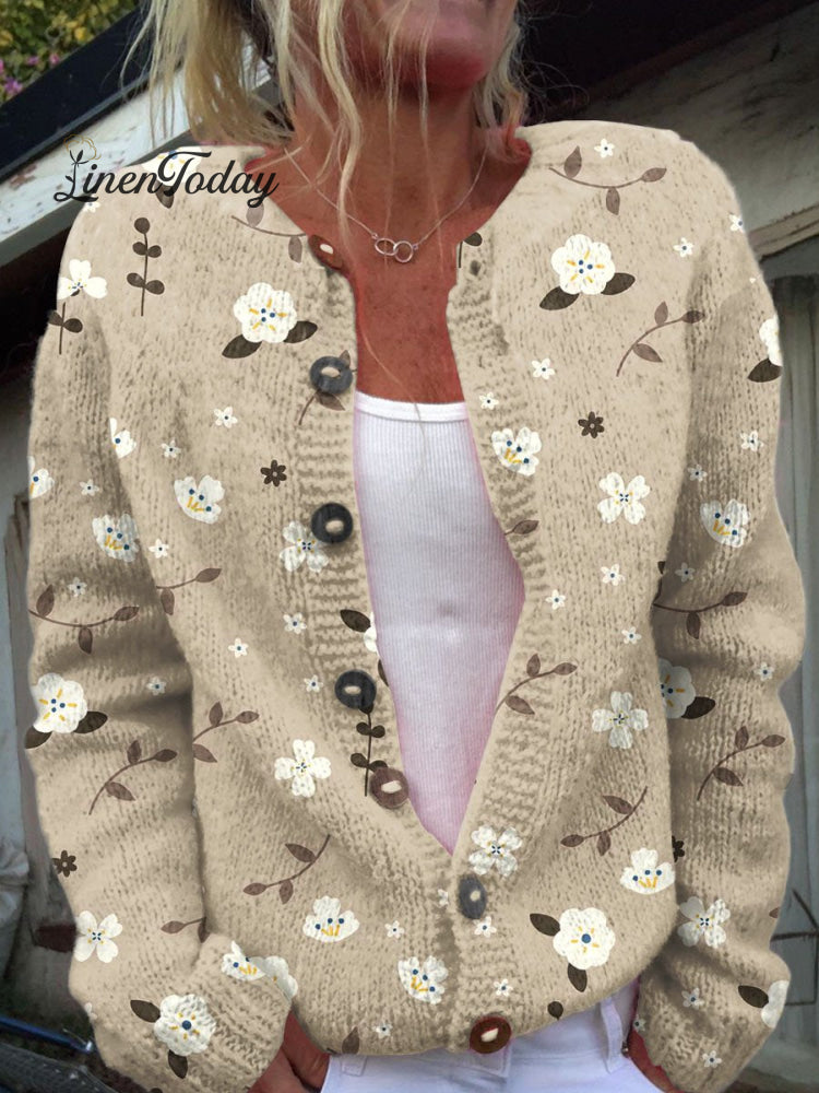 Floral Art Print Buttoned Cardigan Sweater Multicolor / S
