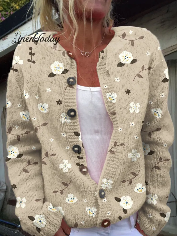 Floral  Art Print  Buttoned Cardigan Sweater
