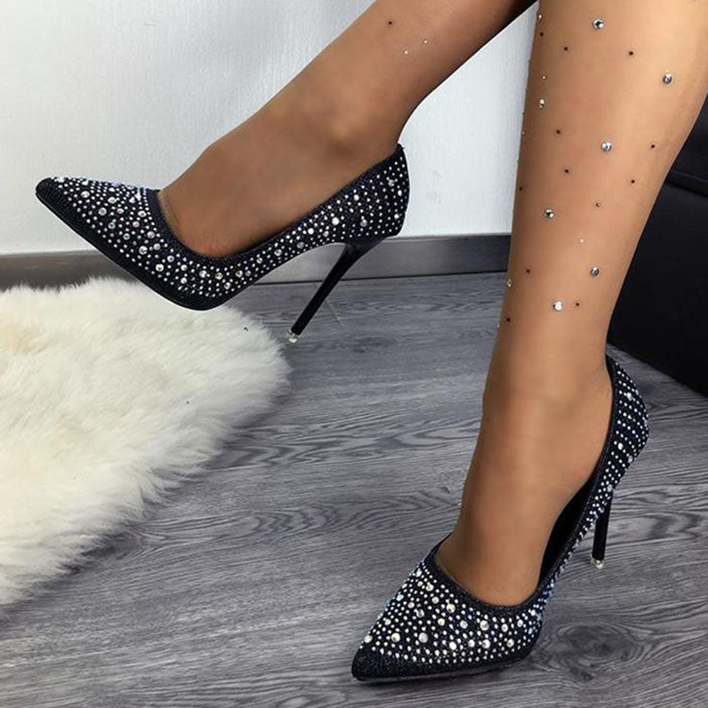 Black Satin Closed Toe 4'' Stiletto Heel Rhinestone Pumps Nicepairs