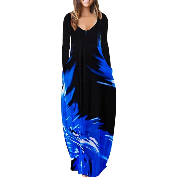 Womens Loose Pocket Boho Vintage Hole Dress Full Long Sleeper Spring Party Beach Maxi Big