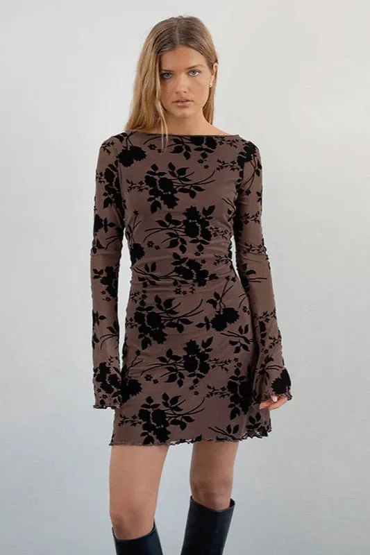 Velvet Floral Flocked Slim Fit Long Sleeve Mini Party Dress