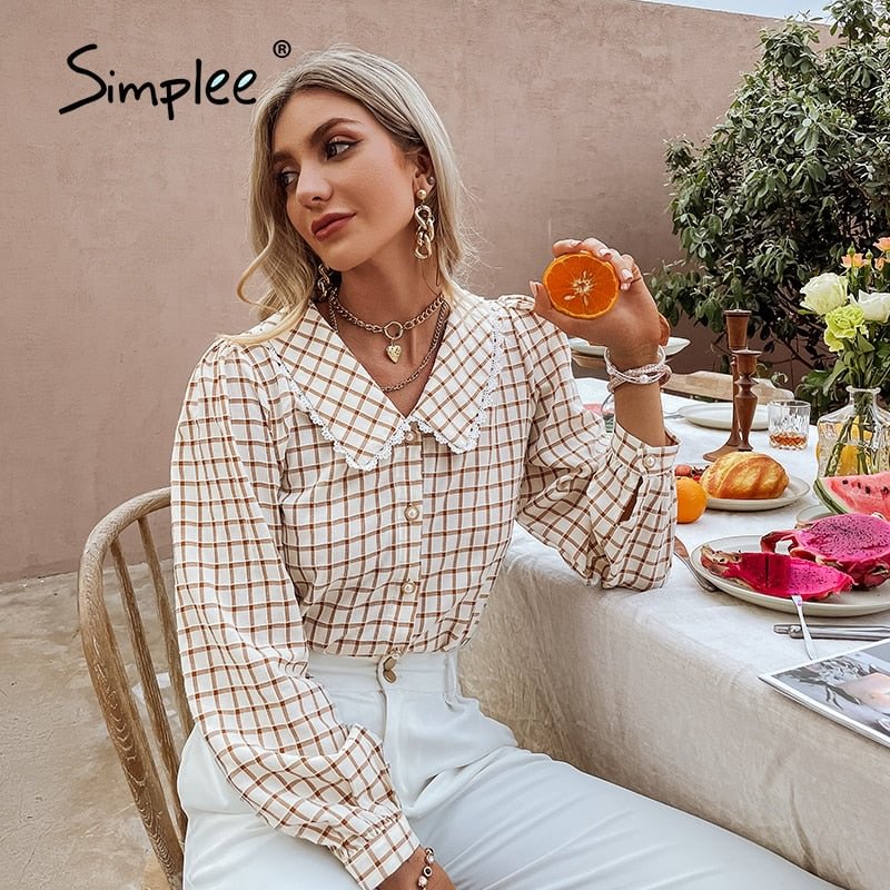 Simplee Autumn Office Lady Gingham Square Pattern Shirt Women Casual V-neck Brown Skinny Blouse Female Regular Sleeves Top 2021