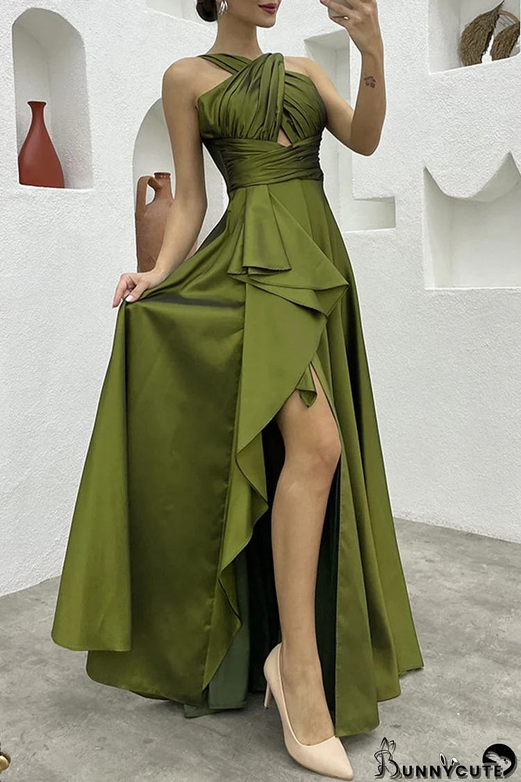Elegant Formal Solid Slit Asymmetrical Halter Evening Dress Dresses