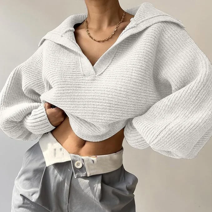 PASUXI Womens Fall Long Sleeve Sweaters Lapel V Neck  Knitted Pullover Casual Soft Jumper Top huanwei