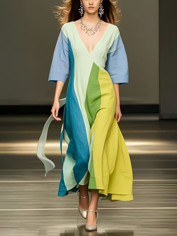 Loose Three-Quarter Sleeves Colorful Contrast Color V-Neck Midi Dresses
