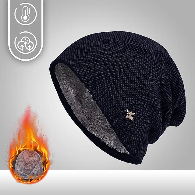 Men's Unisex  Fashion Solid Color Cable Knit Plush Lined Beanie Hat