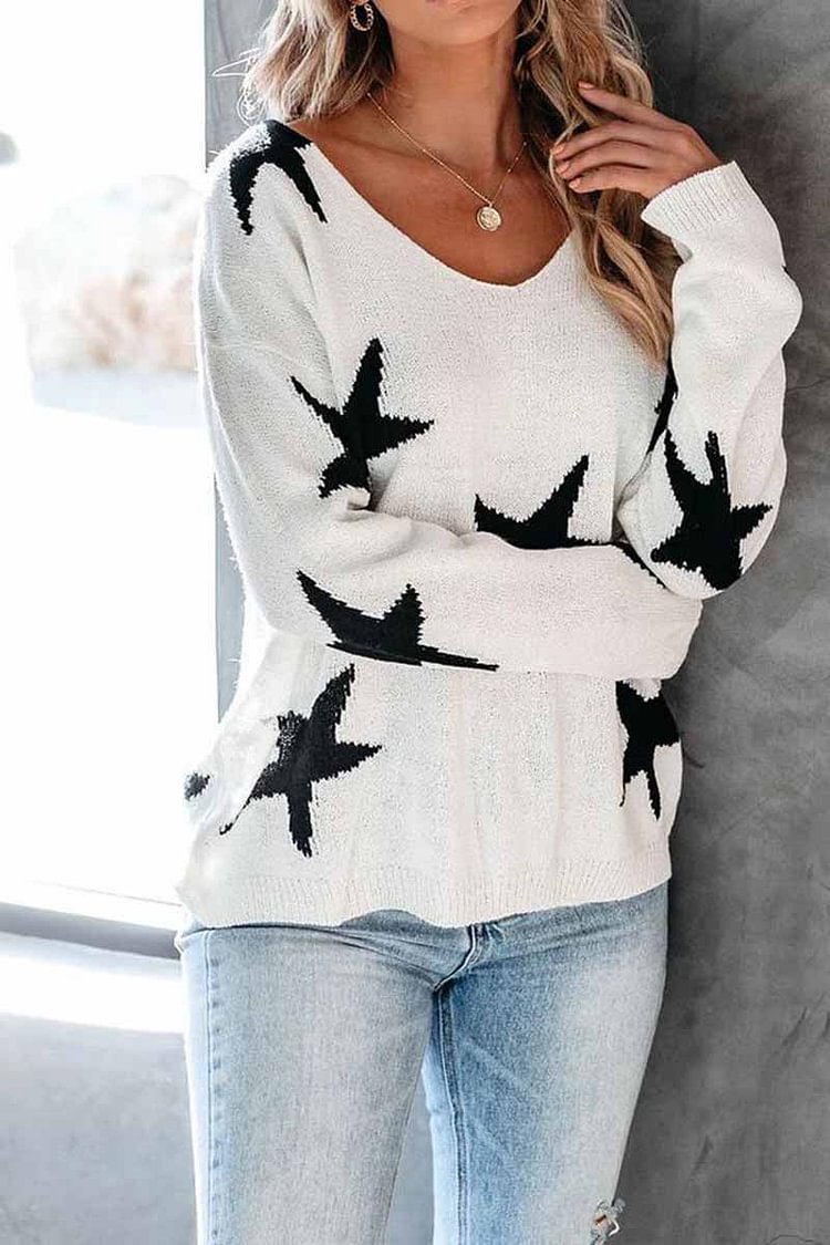 Cute Star V Neck Loose Sweater