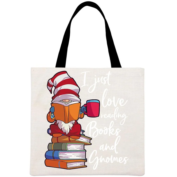 I Just Love Reading Baooks And Gnomes Printed Linen Bag