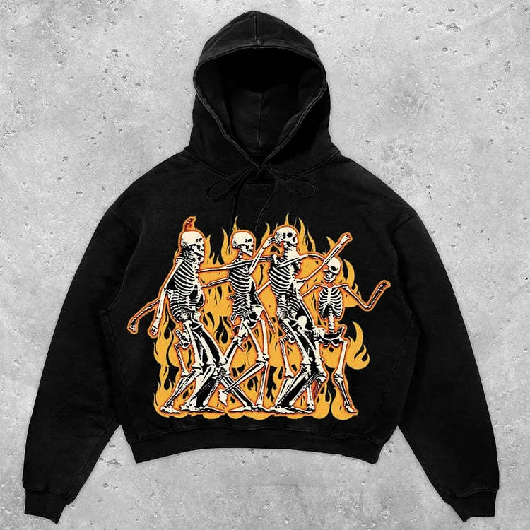 Multiple White Skull Fire Dance Lazy Street 3D Printing Loose Hooded long-sleeved Sweater Hoodie at Hiphopee