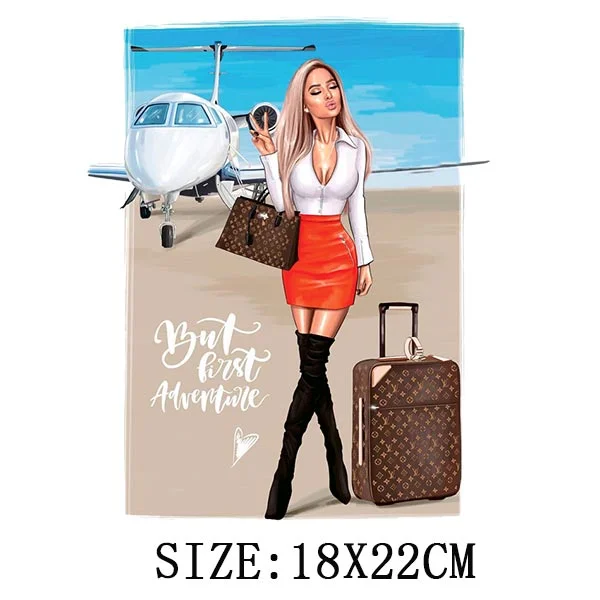 Traveling Girls Iron On Transfers For Hoodies DIY Washable Thermal Stickers On T-shirt Funny Design On Clothes Patches Appliqued