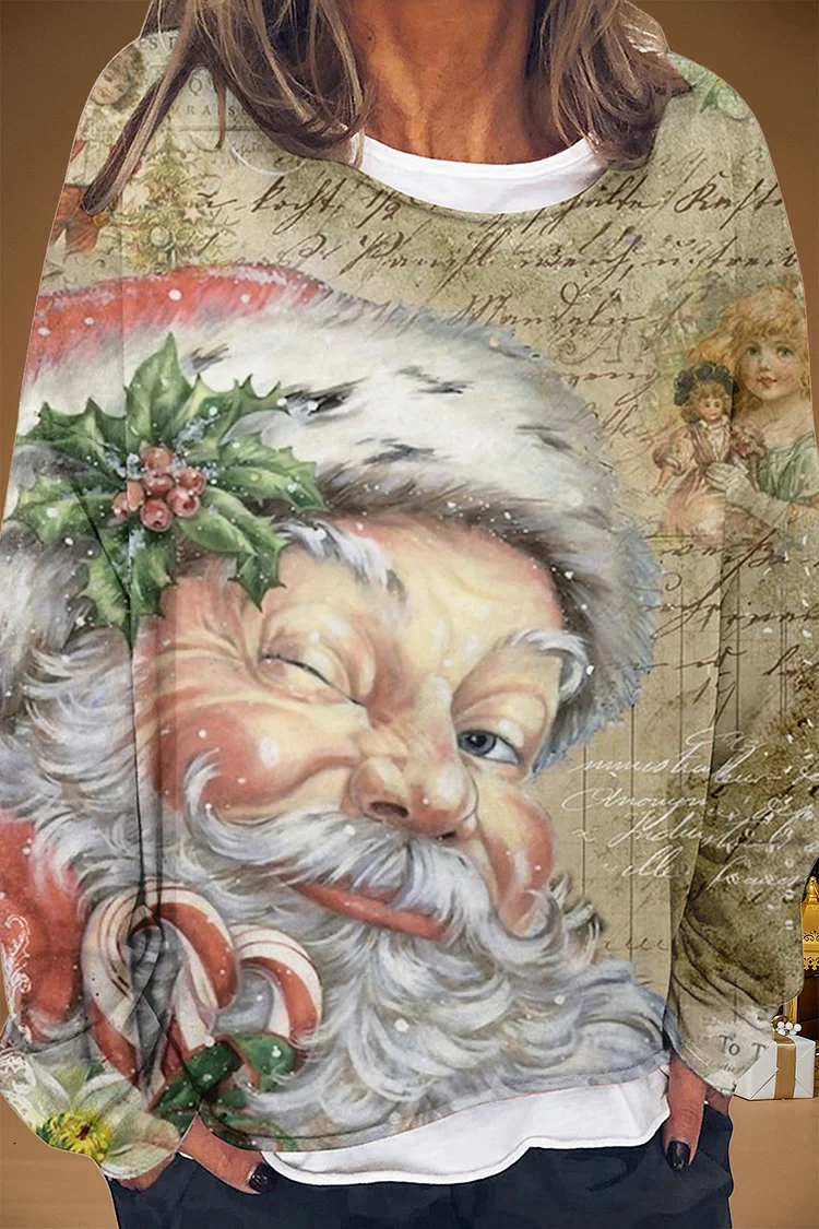 Plus Size Christmas Khaki Santa Claus Holly Letter Print Long Sleeve Sweatshirt  Flycurvy [product_label]