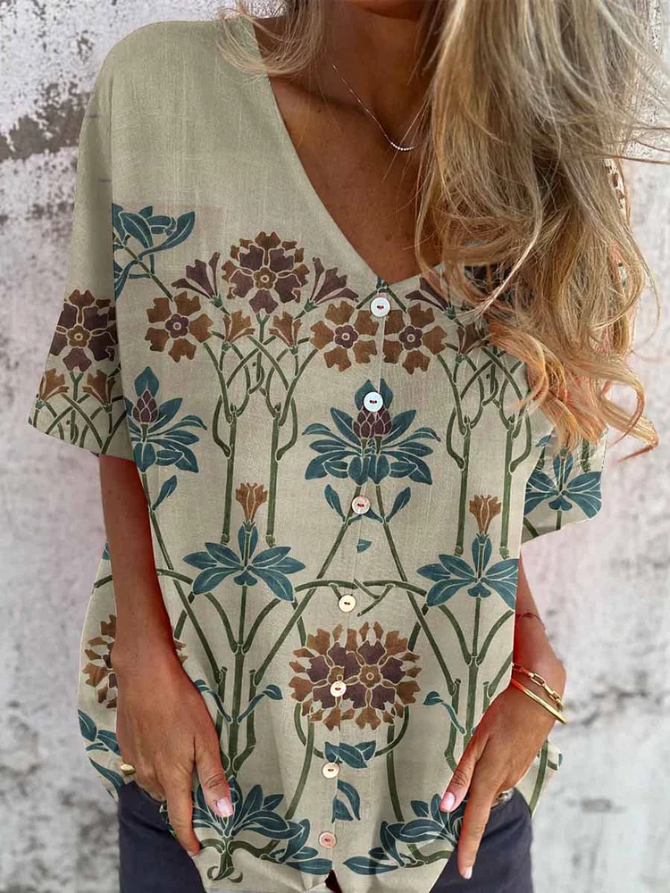 Women's Elegant Floral Pattern Shirt Style Cotton and Linen Top