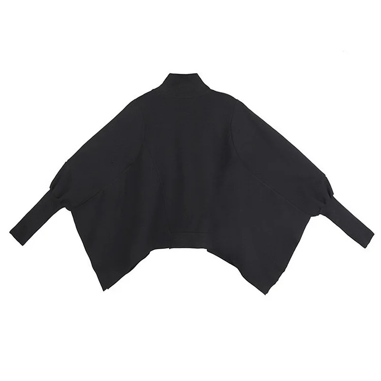 Unique Loose Black Stand Collar Long Batwing Sleeve Sweatshirt  