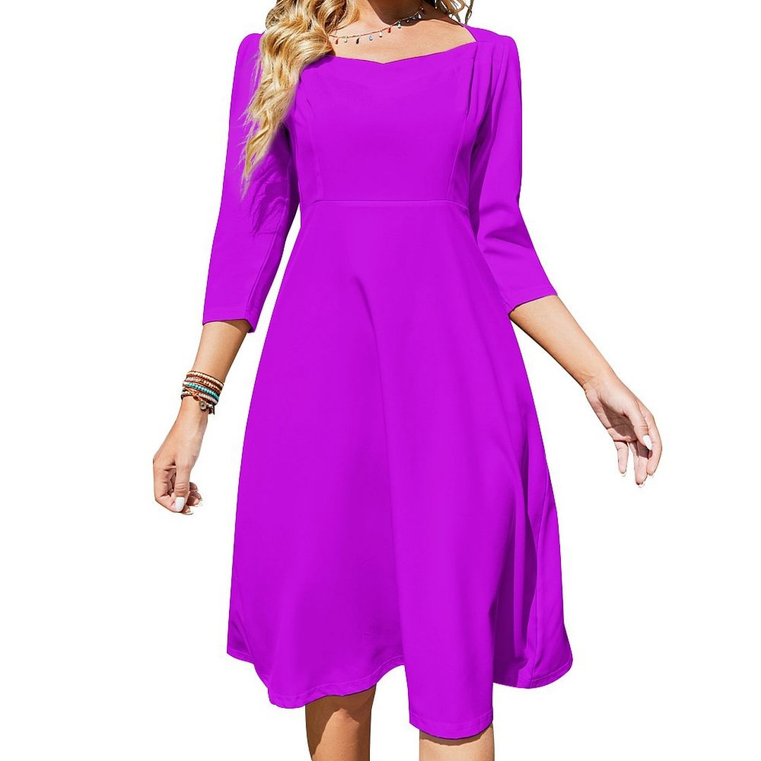 Fluorescent Neon Purple Dress Sweetheart Tie Back Flared 3/4 Sleeve Midi Dresses