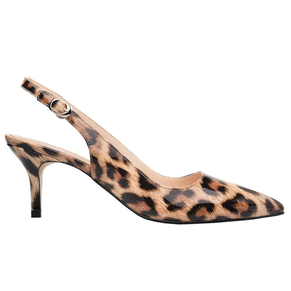 Women's Pointed Toe Slingback Shoes Kitten Heel Pumps Comfortable Dress Leopard Patent Shoes-vocosishoes