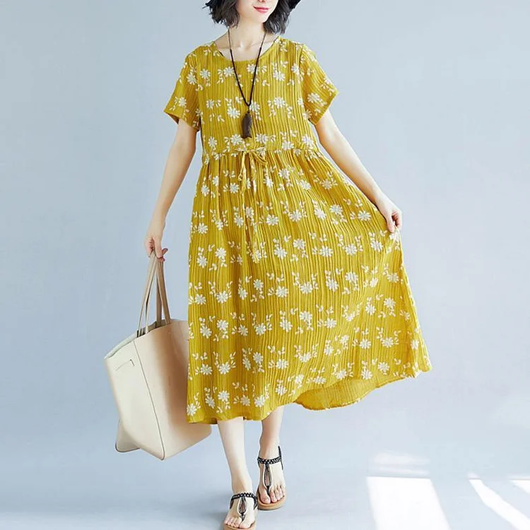 2018 yellow cotton blended shift dresses oversize clothing dress New short sleeve print drawstring clothing dress