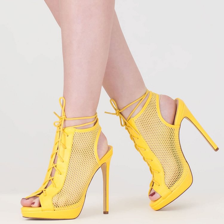 Yellow Mesh Hollow out Slingback Lace up Summer Boots Platform