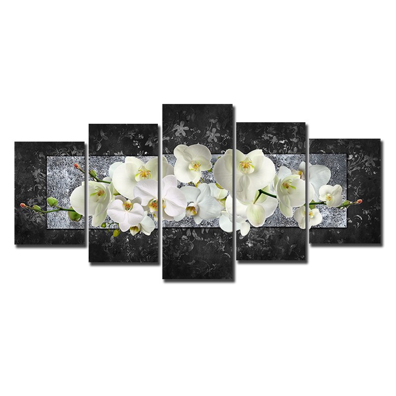 Modern White Flower With Black Background Poster And Print On Canvas Wall Art Painting Plant Pictures 5pcs Set For Home Decor