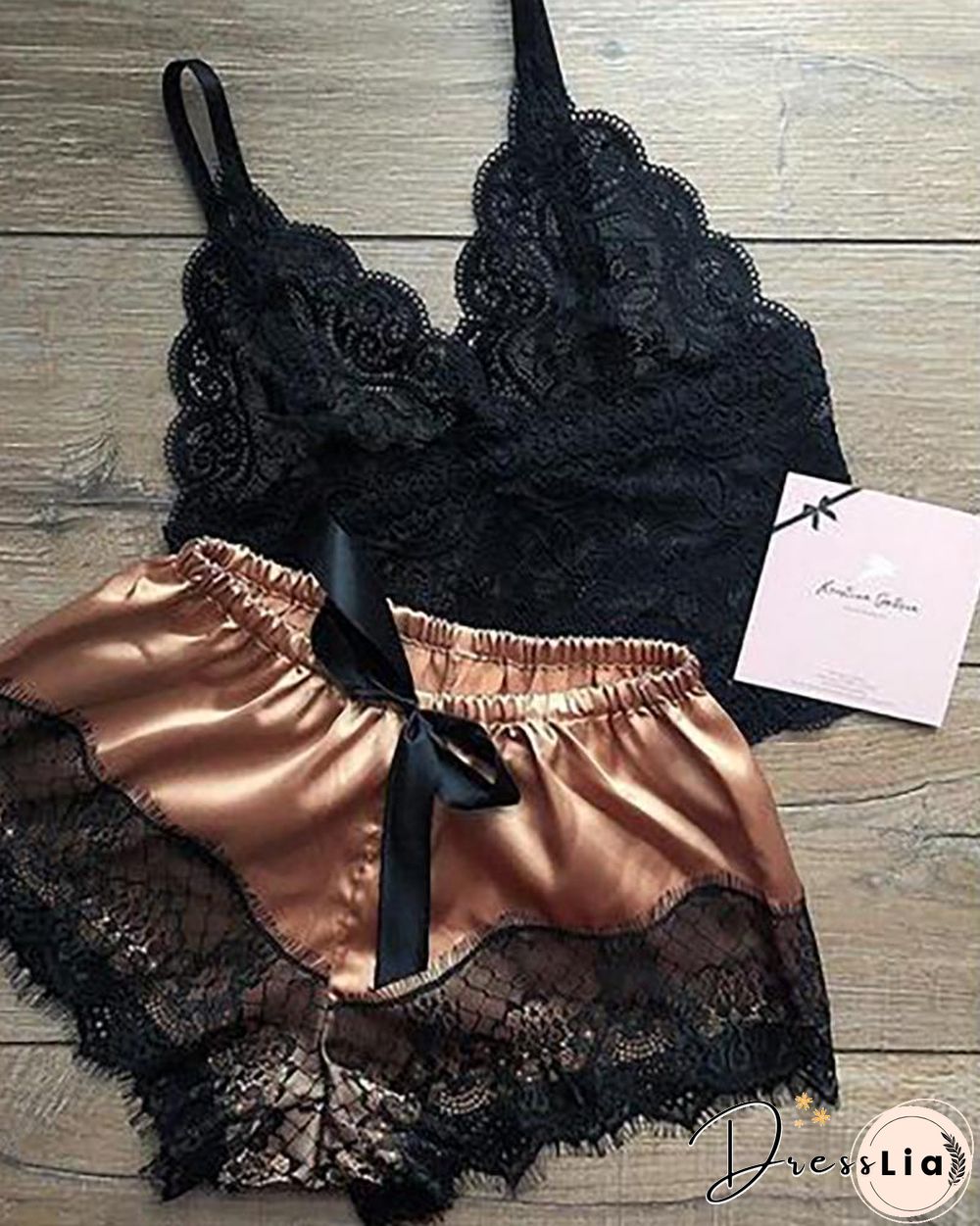 Eyelash Crochet Lace Satin Bowknot Cami Set