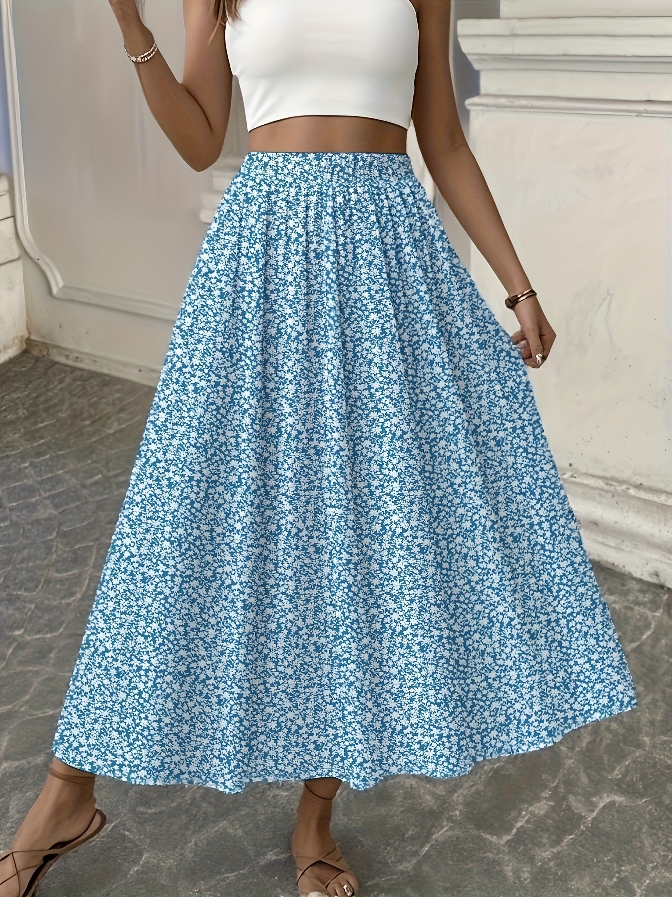 Women's High-Waisted A-Line Skirt With Blue Floral Print - Lightweight, Stretchy Polyester Blend, Casual Vacation Style, Perfect For Spring/Summer, Casual Summer Wear | Floral Print Skirt | Polyester Blend | IFYHOME