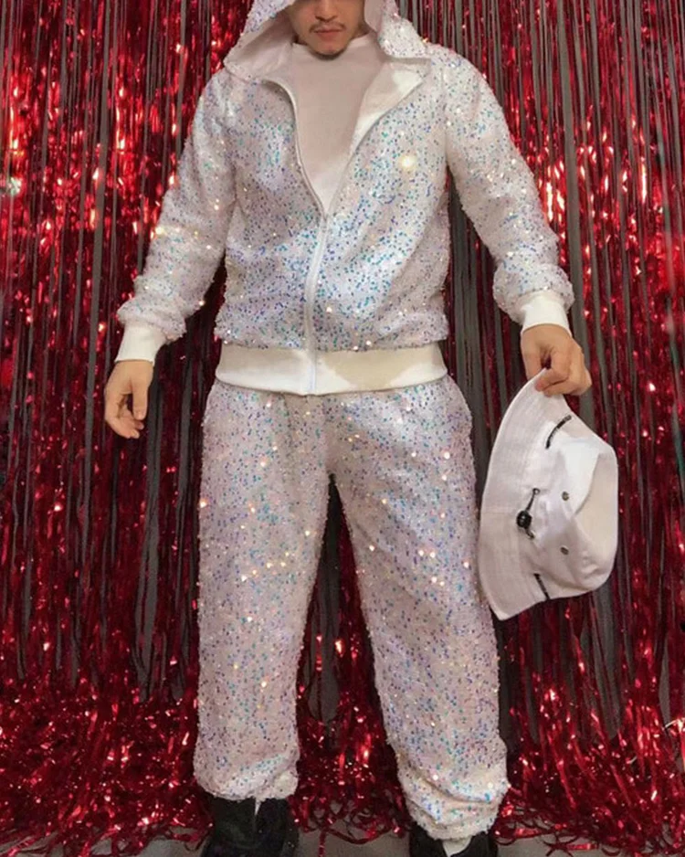 Men's Music Festival Sequined Hooded Jacket And Pants Two-Piece Set