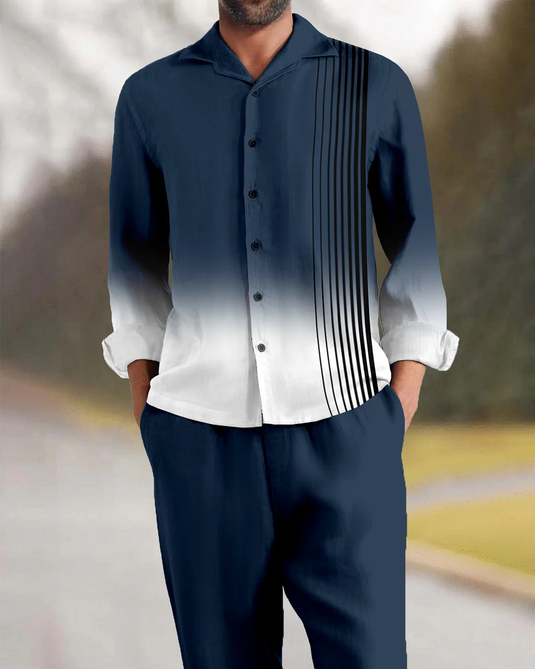 Suitmens Men's Gradient Stripe Long Sleeve Walking Suits-0044