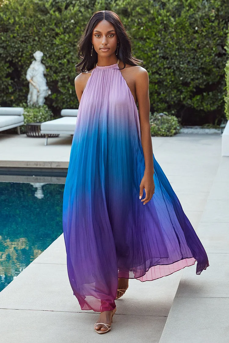 Ombre Print Pleated Halter Backless Party Maxi Swing Dresses-Blue [Pre Order]