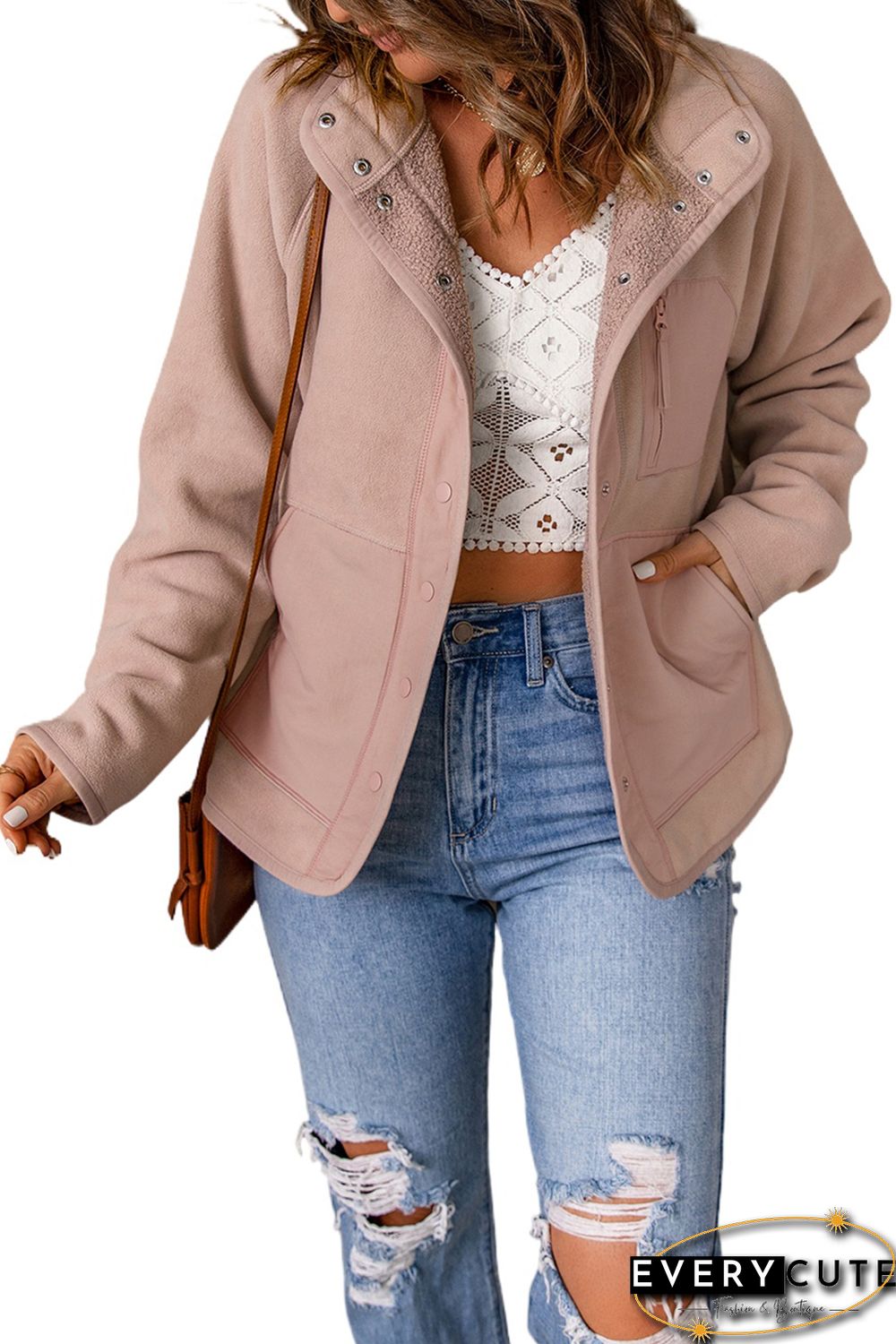 Pink Faux Shearling Lining Snap Button Suede Jacket