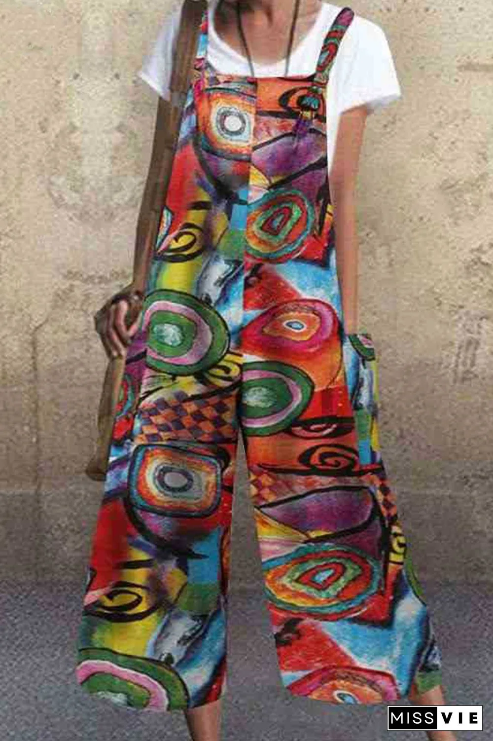 Street Graffiti Buttons Square Collar Straight Jumpsuits