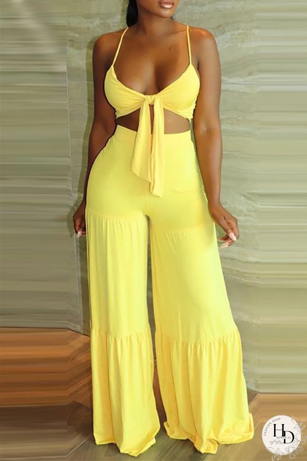 Yellow Sexy Casual Solid Backless Spaghetti Strap Sleeveless Two Pieces