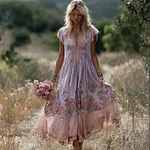 Boho Pink Floral Embroidered Lace Trim Flowy Linen Maxi Dress - Image 8