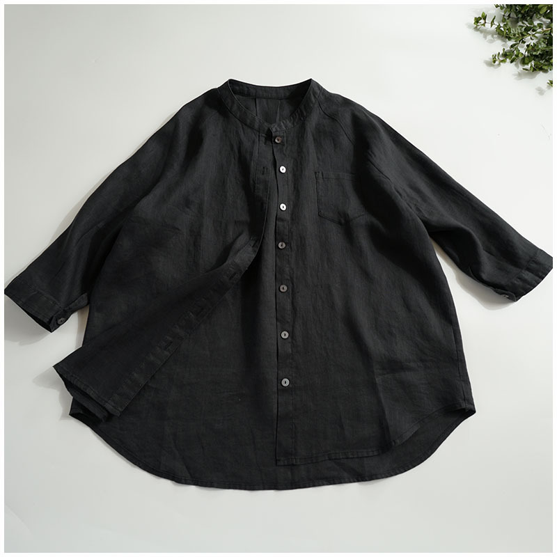 Rotimia Stand collar 3/4 sleeve cotton linen shirt
