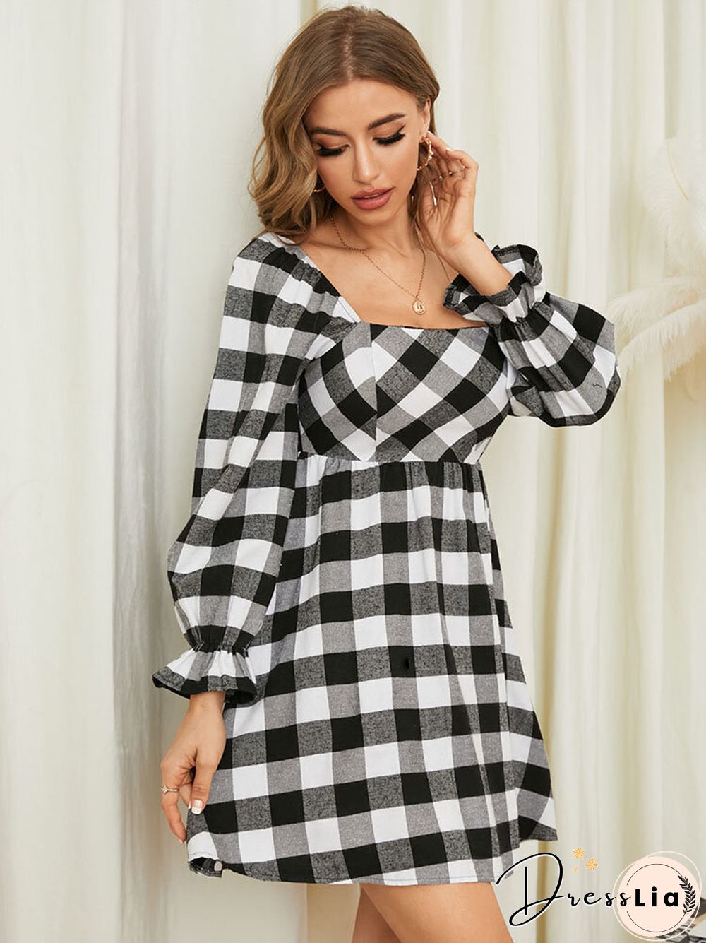 Check Print Square Collar Long Sleeve Dress Women
