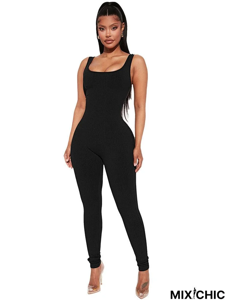 Bodycon Sleeveless Backless Off Shoulder Ribbed Knit Jumpsuit