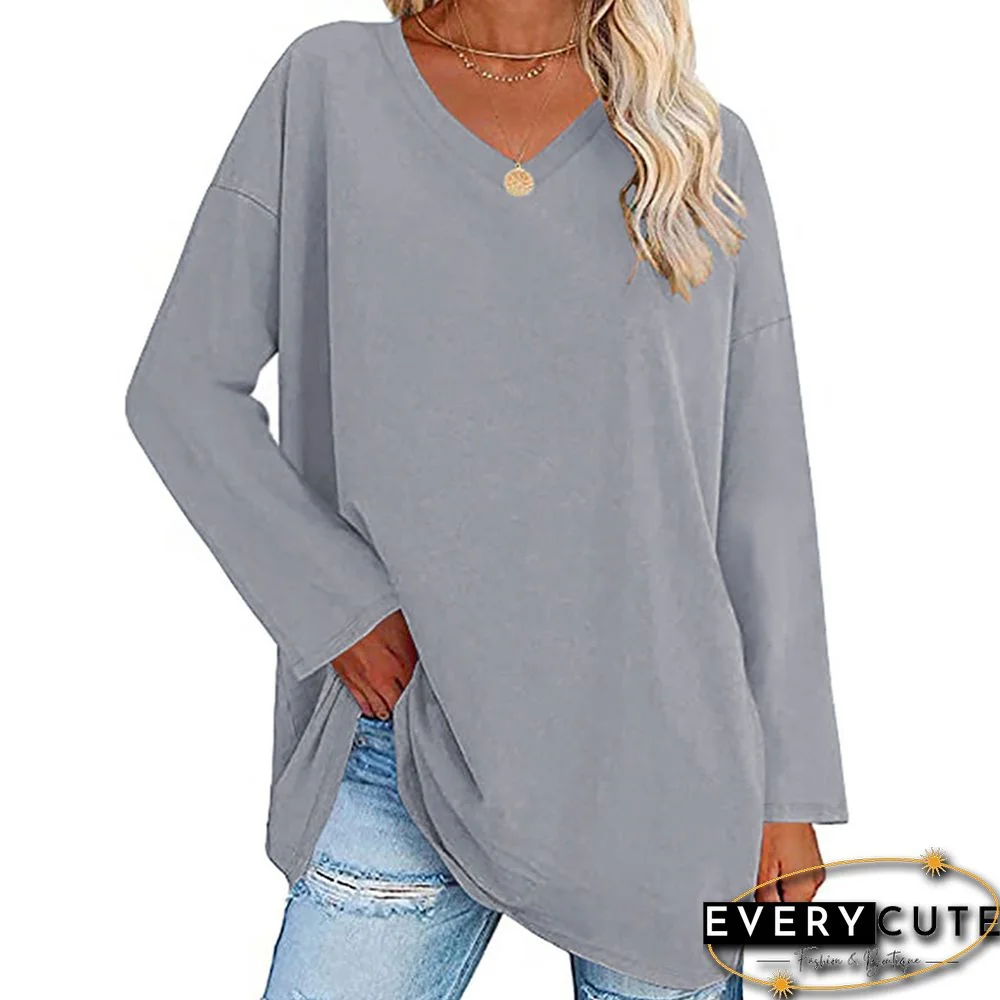 Light Gray V Neck Drop Shoulder Long Sleeve Tops