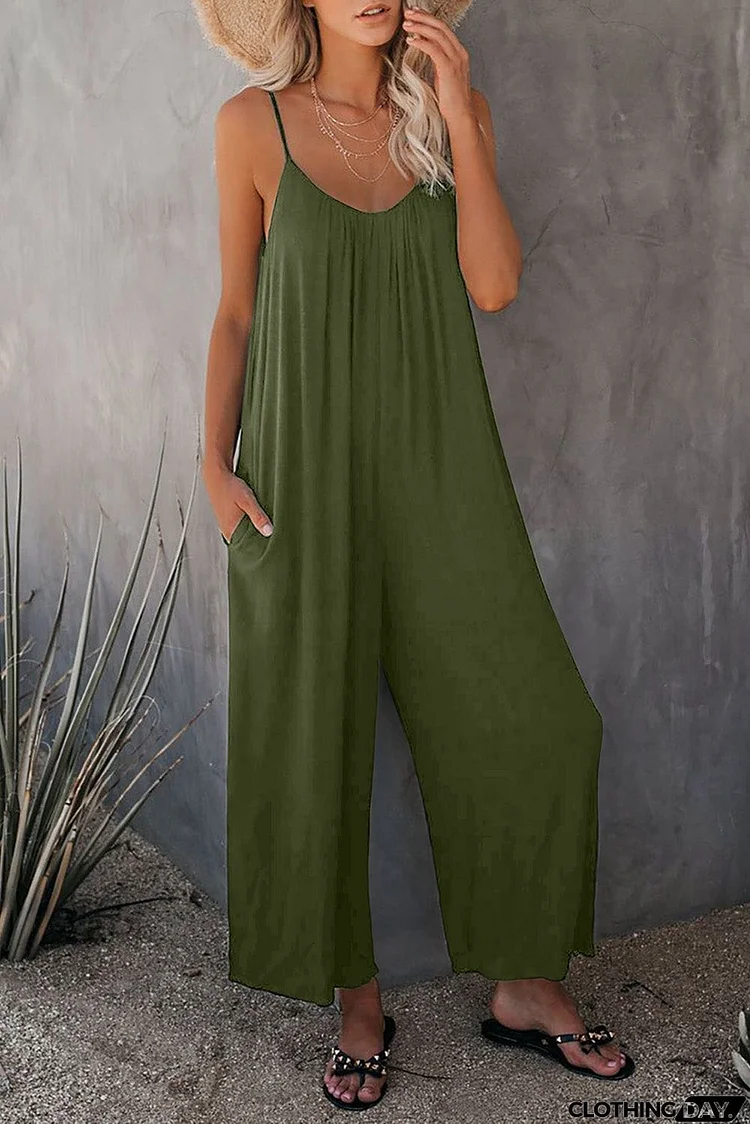 Spaghetti Straps Wide Leg Pocketed Jumpsuits