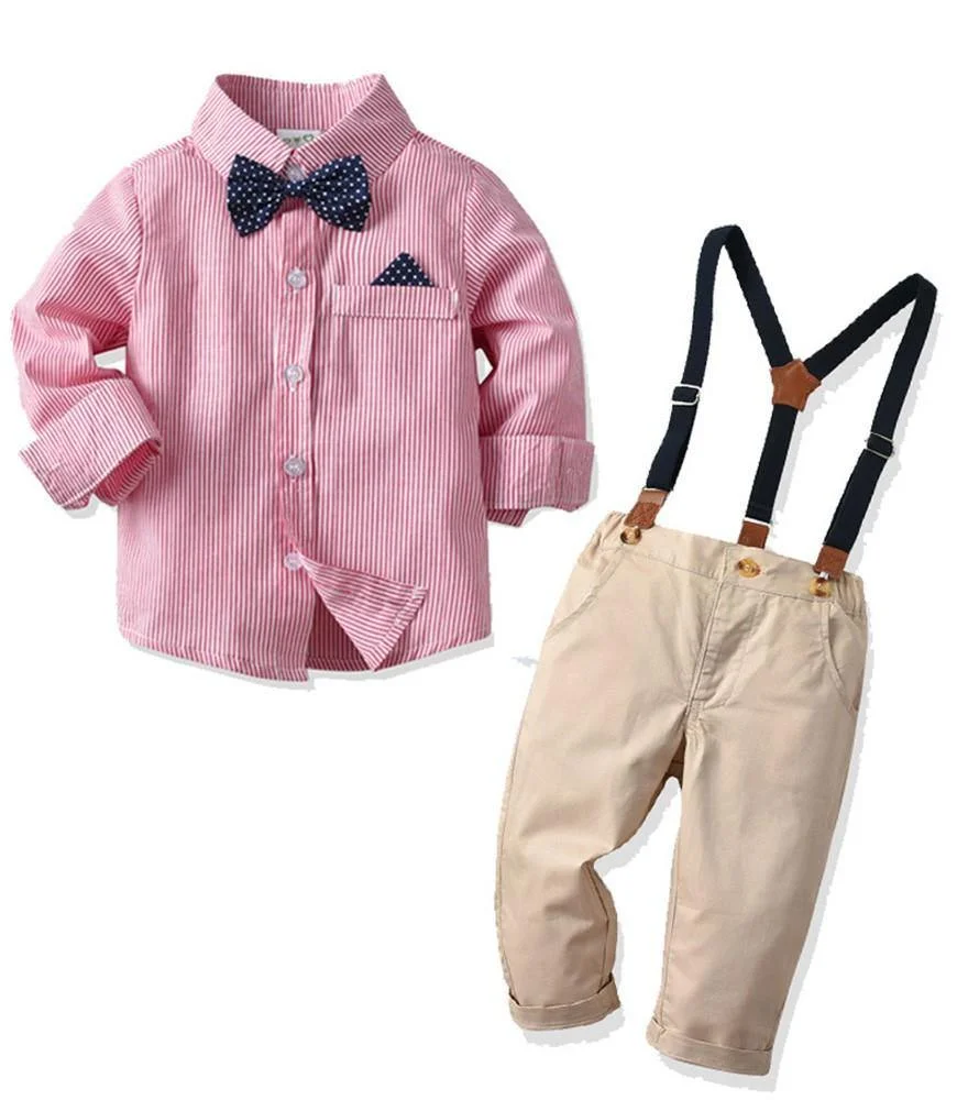 Buzzdaisy Boys Outfit Set Pink Cotton Shirt With Bow Tie N Khaki Suspender Pants