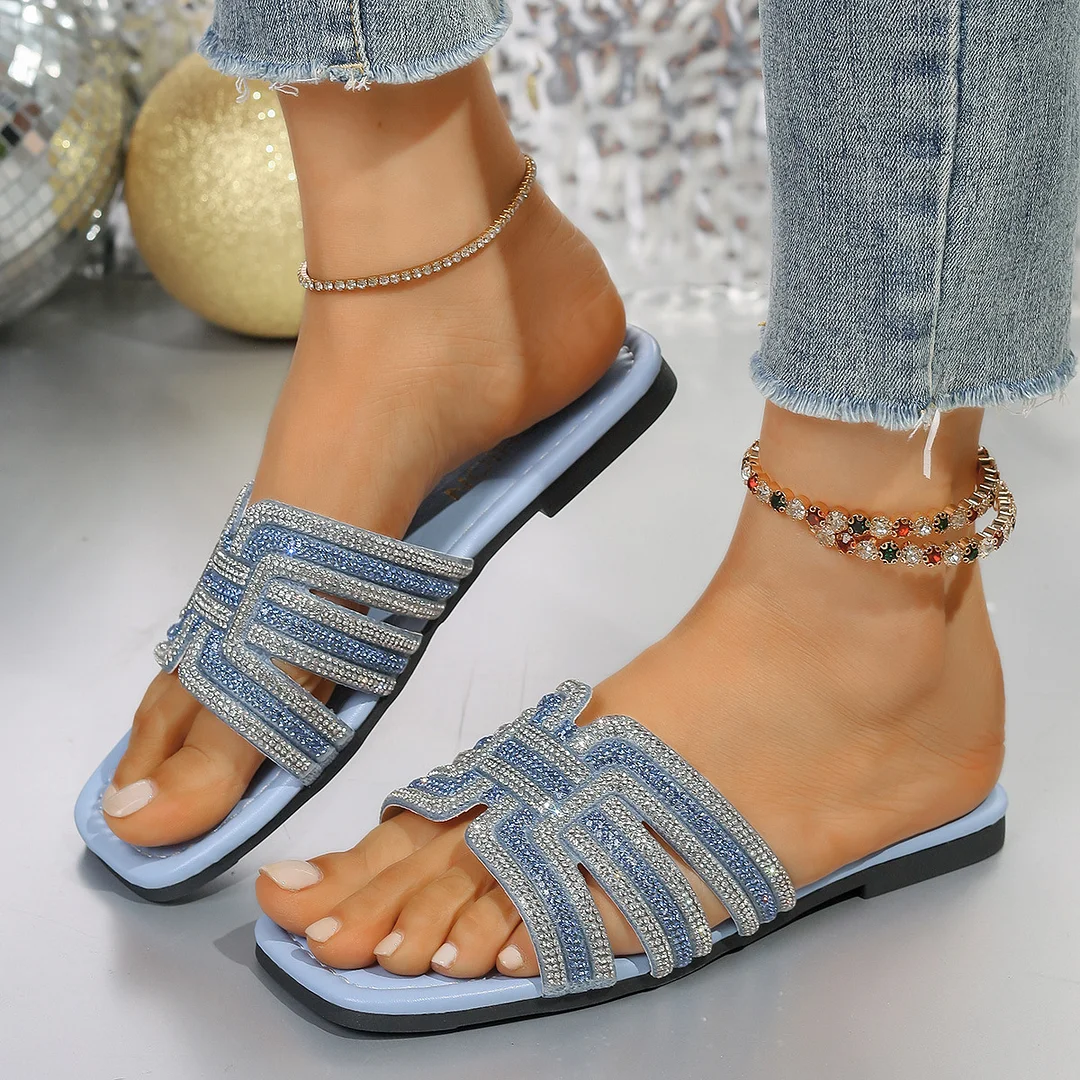 Breakj Breakj Flat Bottom Cool Slippers Women 2025 Summer New Color Water Drill Square Head Casual Word Slippers