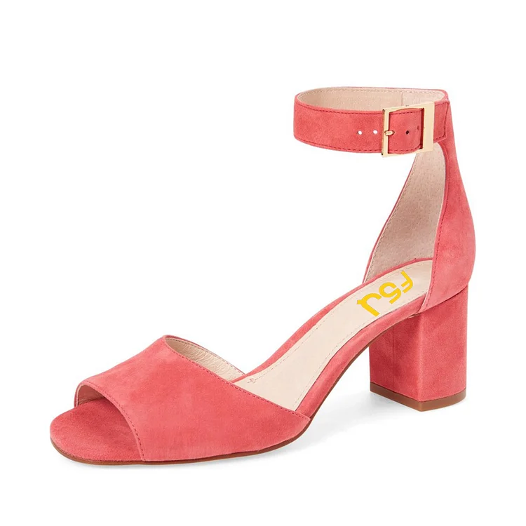 Peach Pink Block Heel Sandals Ankle Strap Vegan Suede Sandals |FSJ Shoes