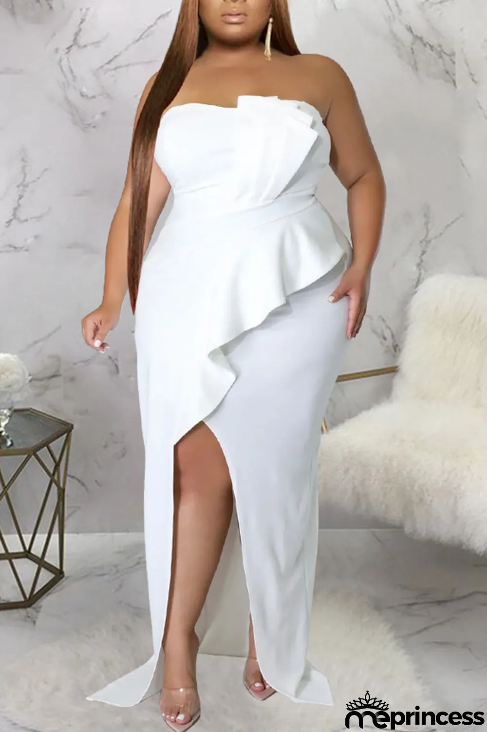 Black Sexy Solid Patchwork Flounce Slit Asymmetrical Strapless Evening Dress Plus Size Dresses