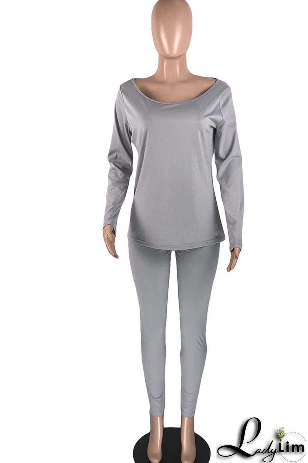 Grey Casual Solid Patchwork O Neck Long Sleeve Two Pieces