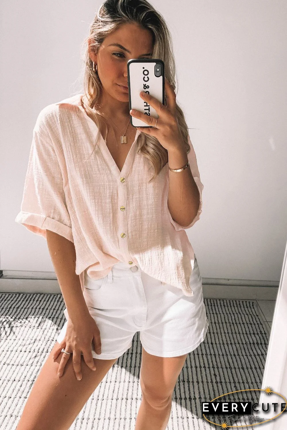 Beige Loose V Neck Button Short Sleeve Shirt