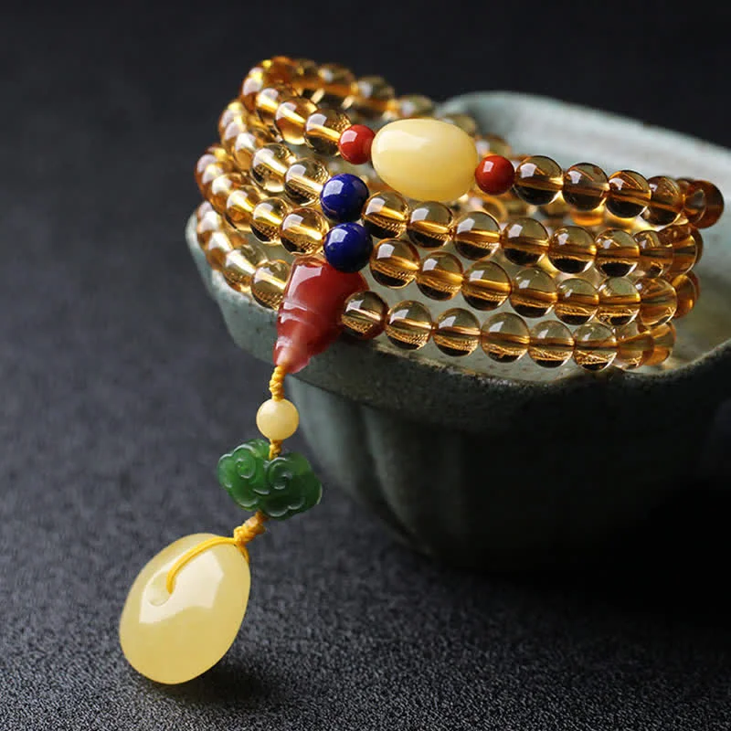 Natural Citrine Amber 108 Mala Beads Peace Buckle Red Agate PiXiu Protection Charm Bracelet