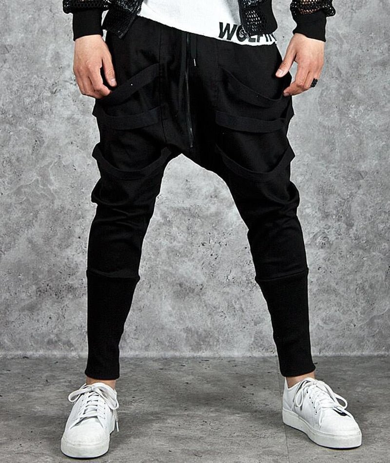 Woherb Fashion Harem Pants Men Hip Hop Baggy Cross Techwear Trousers Male Black Trend Ribbon Streetwear Casual Joggers pants Man