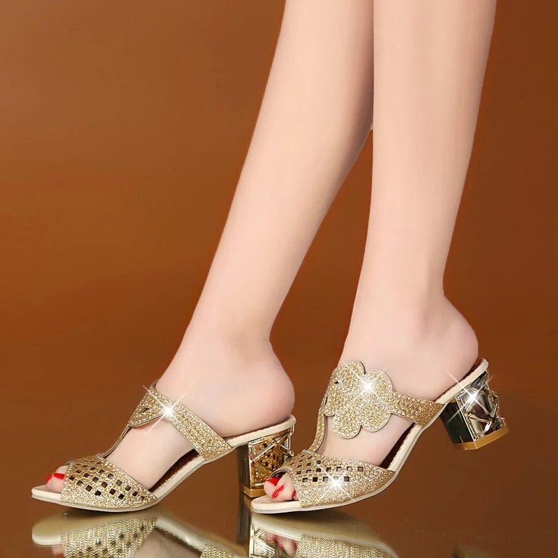 Lucyever Women Fashion High Heels Slipper Sexy Peep Toe Hollow Out Crystals Party Shoes Woman Summer Slip on Beach Flip Flops