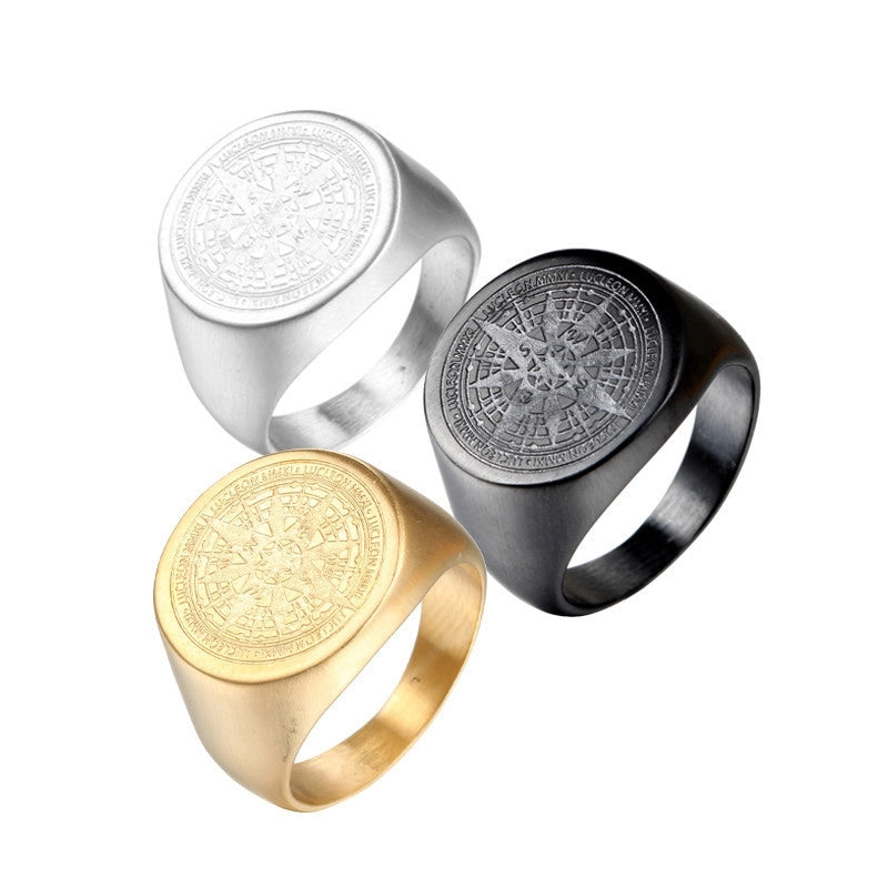 Retro Compass Titanium Steel Plating None 18K Gold Plated Rhodium Plated Men'S Rings