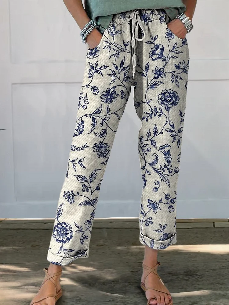 Vine Man Flower Print Women's Printed Cotton And Linen Casual Pants