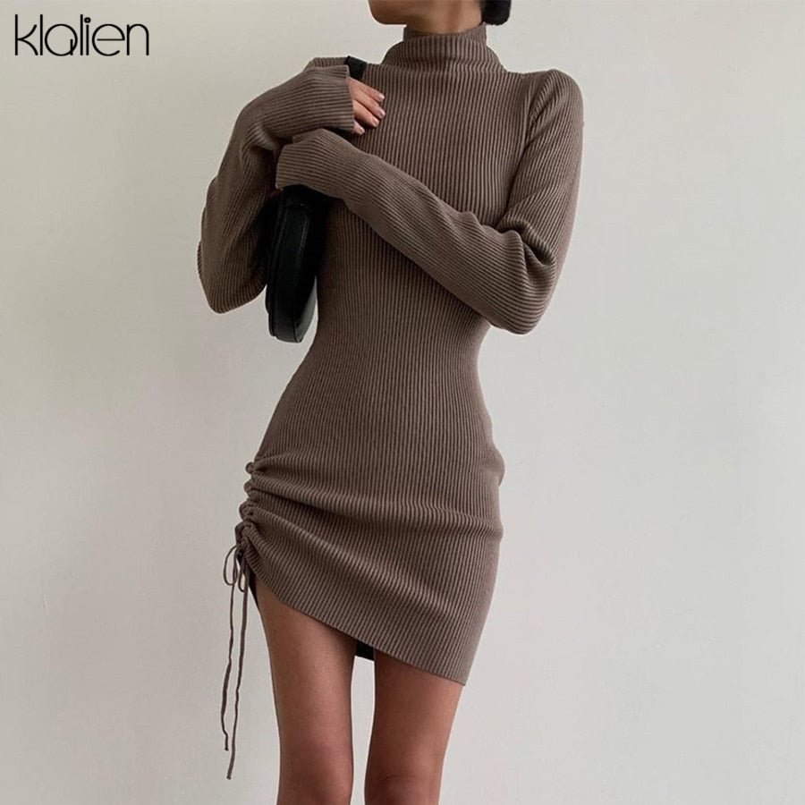 KLALIEN Autumn New Sweater Dress Women Long Sleeve Turtleneck Knit Solid Slim Drawstring Bodycon Dress Thicken Warm Streetwear